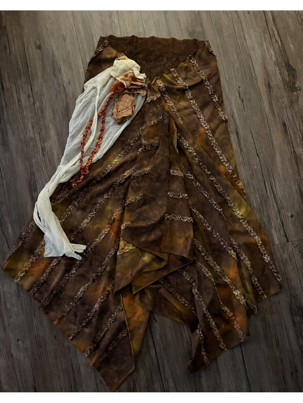 VTG Boho Maxi Skirt Flowy Ruffle Brown Floral Appliqué 24